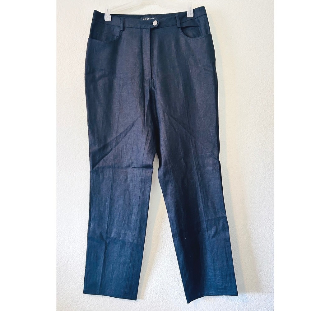 Harold's Minimalist Black 100% Linen Straight Leg Trousers Pants Size 8 NWT